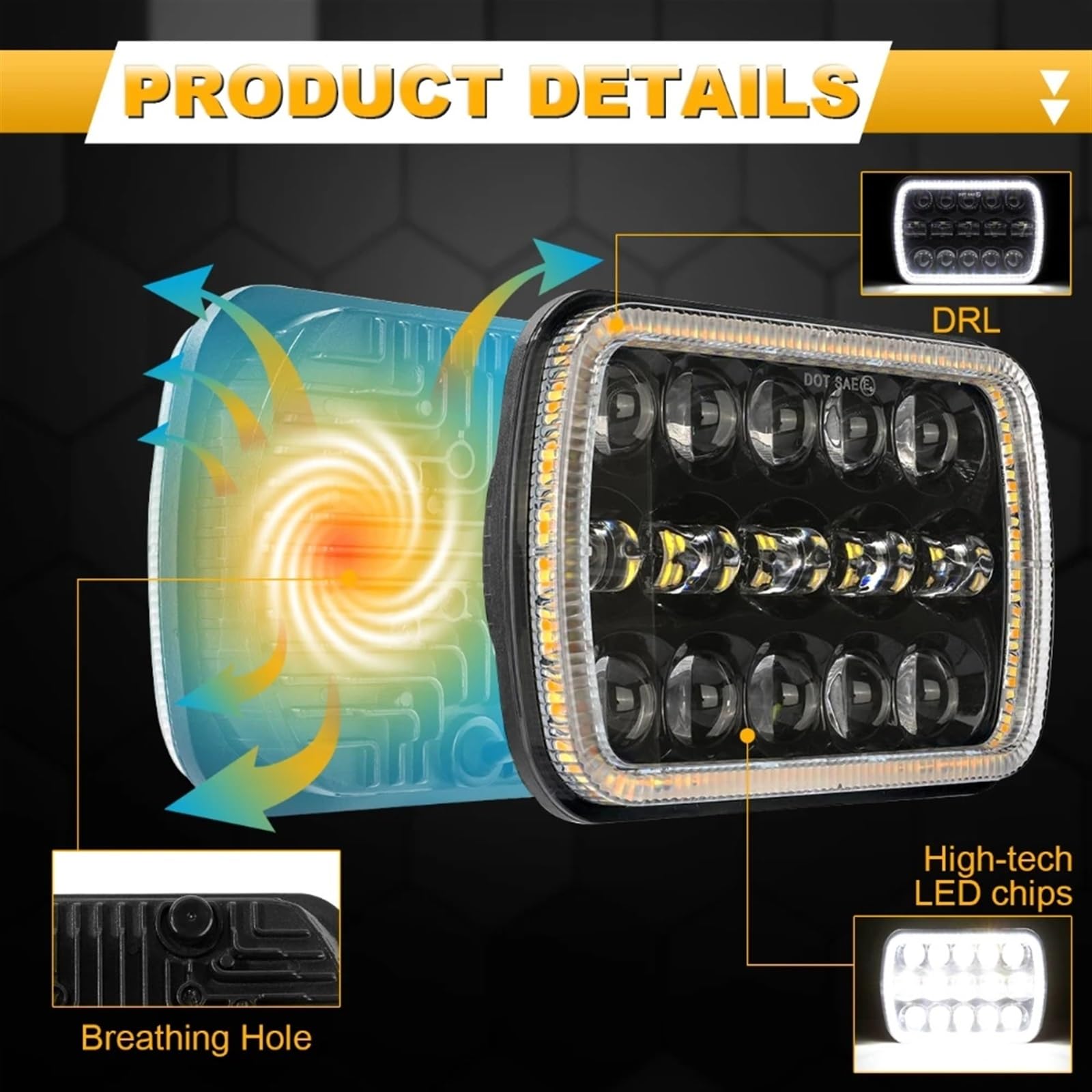 Luz Señal Giro Espejo Faros Delanteros LED Cuadrados 7 X 6 Pulgadas Luz Cruce Alta Y Luz Giro DRL Resistente Para Jeep Para Wrangler YJ Para Cherokee XJ Para Comanche MJ Luz de señal de giro(2 piezas)