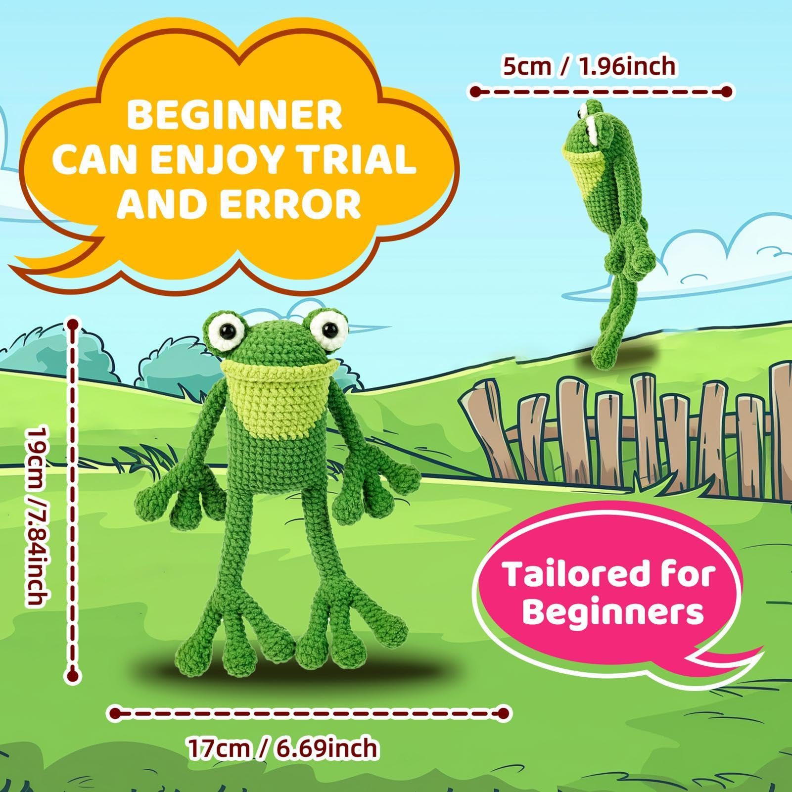 GkgWuxf Kit di animali all'uncinetto rana, kit completo di animali all'uncinetto, con filo ad uncinetto, istruzioni passo dopo passo, kit di artigianato rana dei cartoni animati per bambini