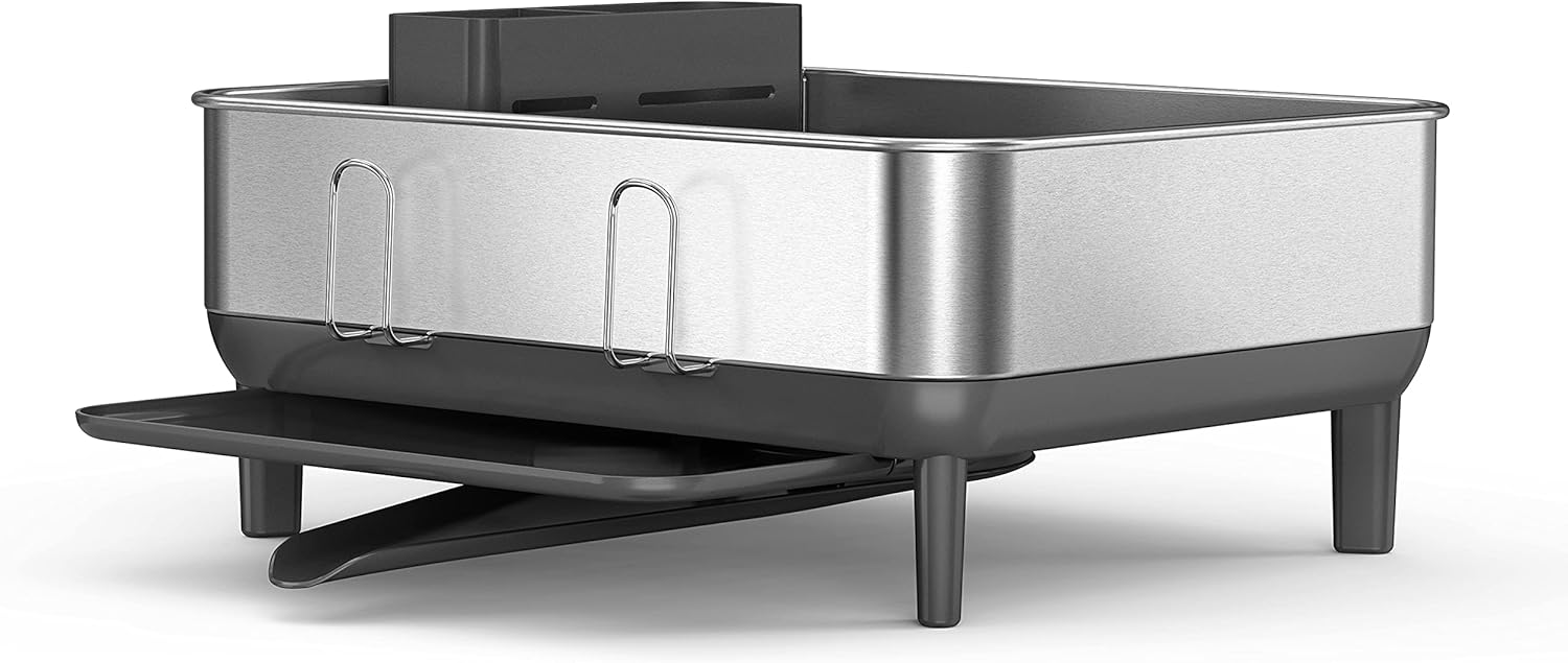 simplehuman Compact Dish Drying Rack with Stainless Steel Frame, 360º Easy Drain Swivel Spout, Utensil Holder, Anti-Residue Coating, Moisture Control Surface, Grey
