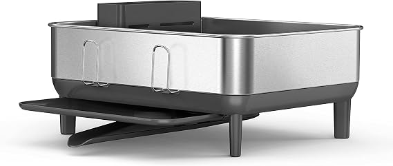 simplehuman Steel Frame Dishrack, Compact Dish Drying Rack for Small Kitchens, 360o Easy Drain Swivel Spout, Anti-Residue Coating, Moisture Control Surface, Brushed Stainless Steel