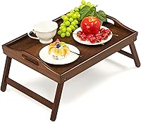 Vista 6 de Paquete de 2 bandejas de cama para mesa de desayuno, bandejas para servir, bandeja de bambú para cama/laptop con patas plegables, asas y soportes
