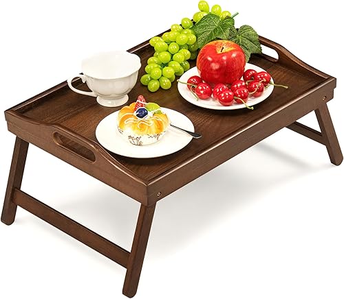 Miniatura 6 de Paquete de 2 bandejas de cama para mesa de desayuno, bandejas para servir, bandeja de bambú para camalaptop con patas plegables, asas y soportes