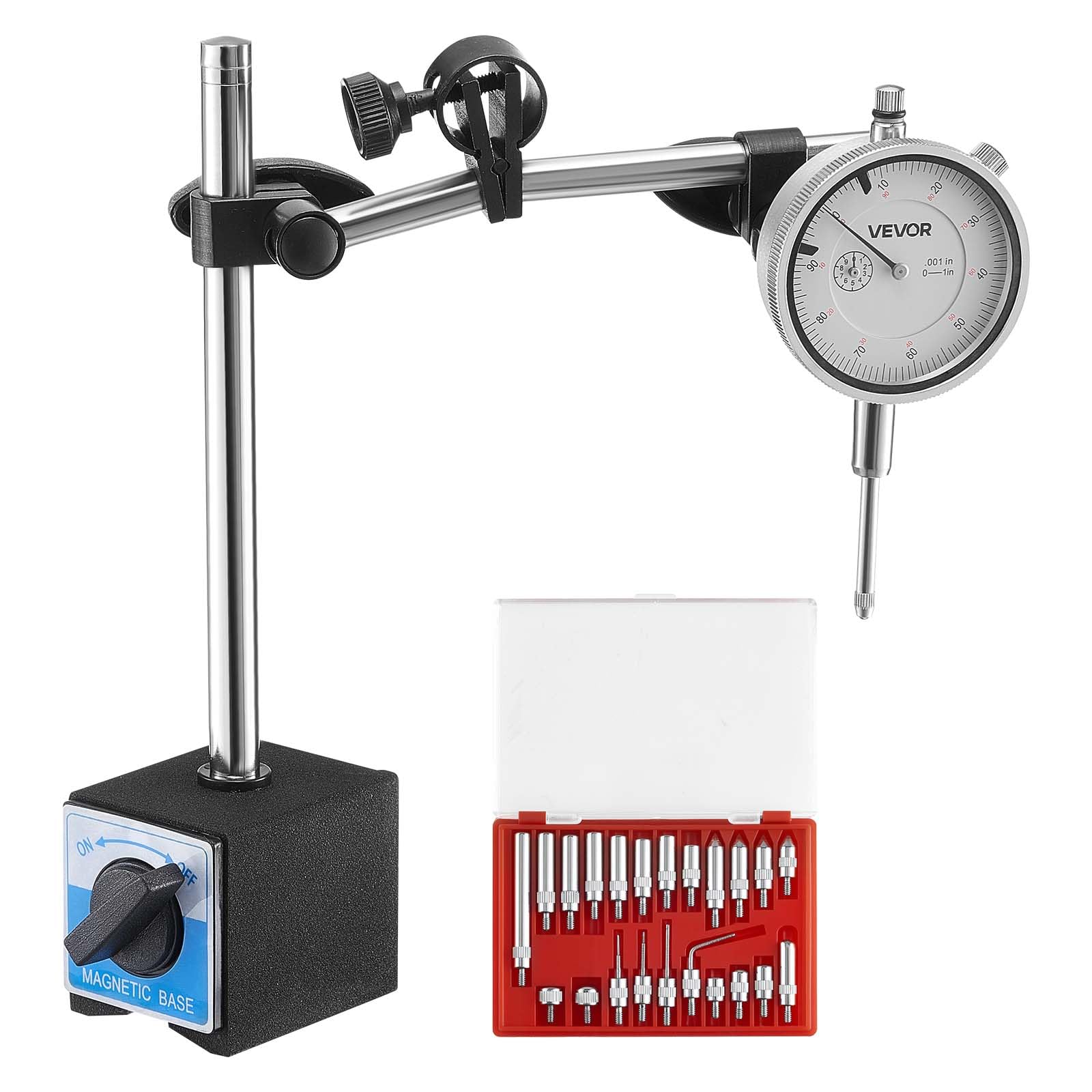 VEVOR Dial Test Indicator with Dual Rod Stand and Storage Case, 0.03 mm Accuracy, 0-25.4mm Range, Fine Adjustable Long Arm, Non-Magnetic Centering Rods for Machine Set-Up, Narrow Area Measurement