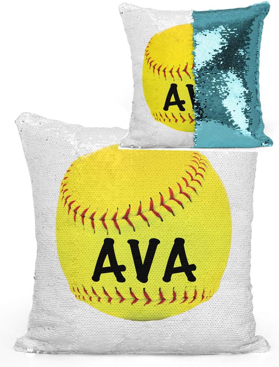Violet Victoria & Fan Star Personalized Softball Sequin Mermaid Flip Pillow (Silver Sequins)