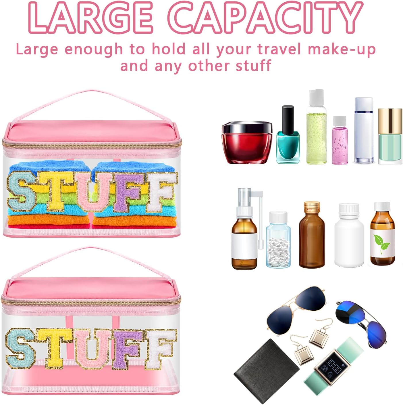 Iqimott Preppy Clear Makeup Bag Stuff Pouch, Chenille Letter Cosmetic Bag for Women Girls, Nylon PVC Toiletry Storage Handbag, Travel Transparent Waterproof Zipper Pouch with Handle(Stuff, Pink) - Image 4