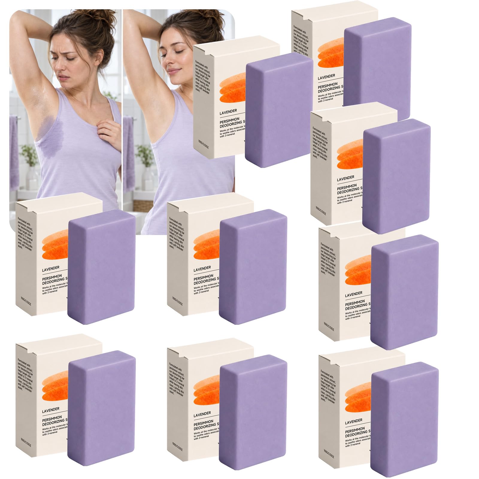 Barra di Sapone Deodorante al Cachi alla Lavanda, Sapone da Bagno Idratante Ricco Schiumogeno, Detergente all'Estratto di Kaki, Compressa di Lavaggio Kaki, Suds Deodoranti con Lavanda (9PCS)
