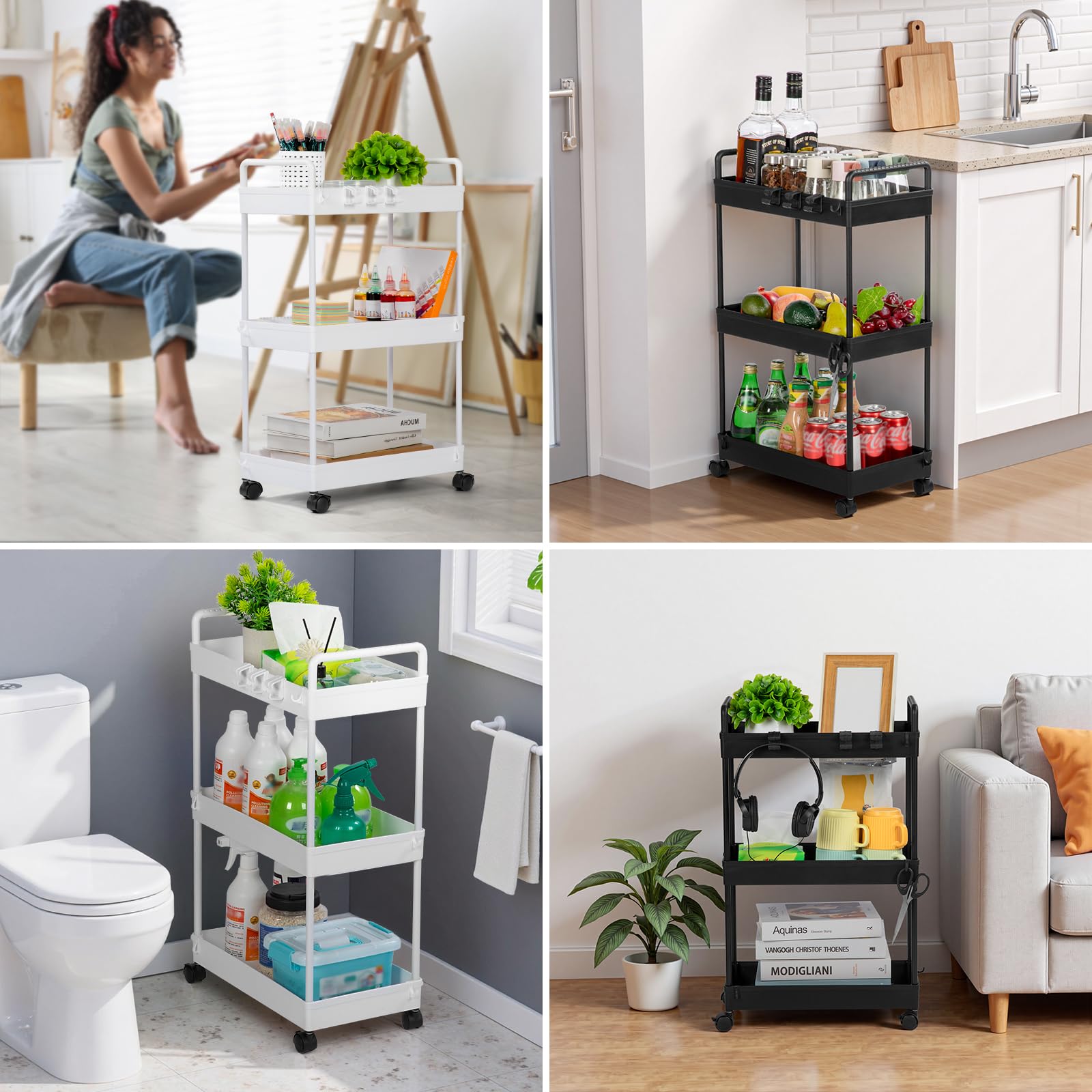 FoiiLiio Carrello Cucina a 3 Ripiani,Carrellino con Ruote Portatutto,Carrello Scorrevole,Organizzatore di Stoccaggio Carrello,Portaoggetti Multifunzionale per Bagno,Ufficio,Bianca