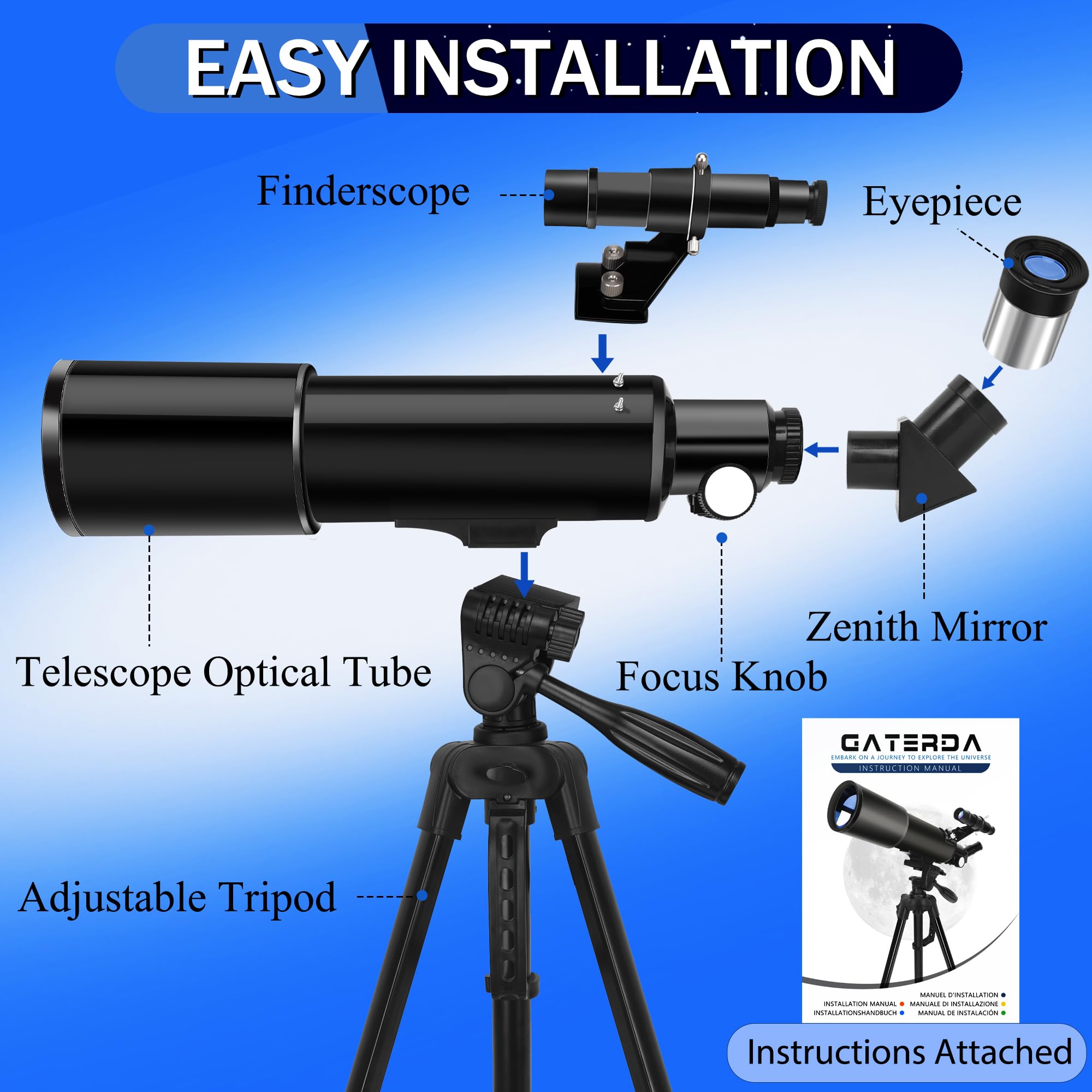 Gaterda Télescope Astronomique Pour Adultes, 70/500mm Télescope De Réfracteur Pour Débutants D'astronomie - Télescopes De Portable Avec Adaptateur, Observation De La Lune