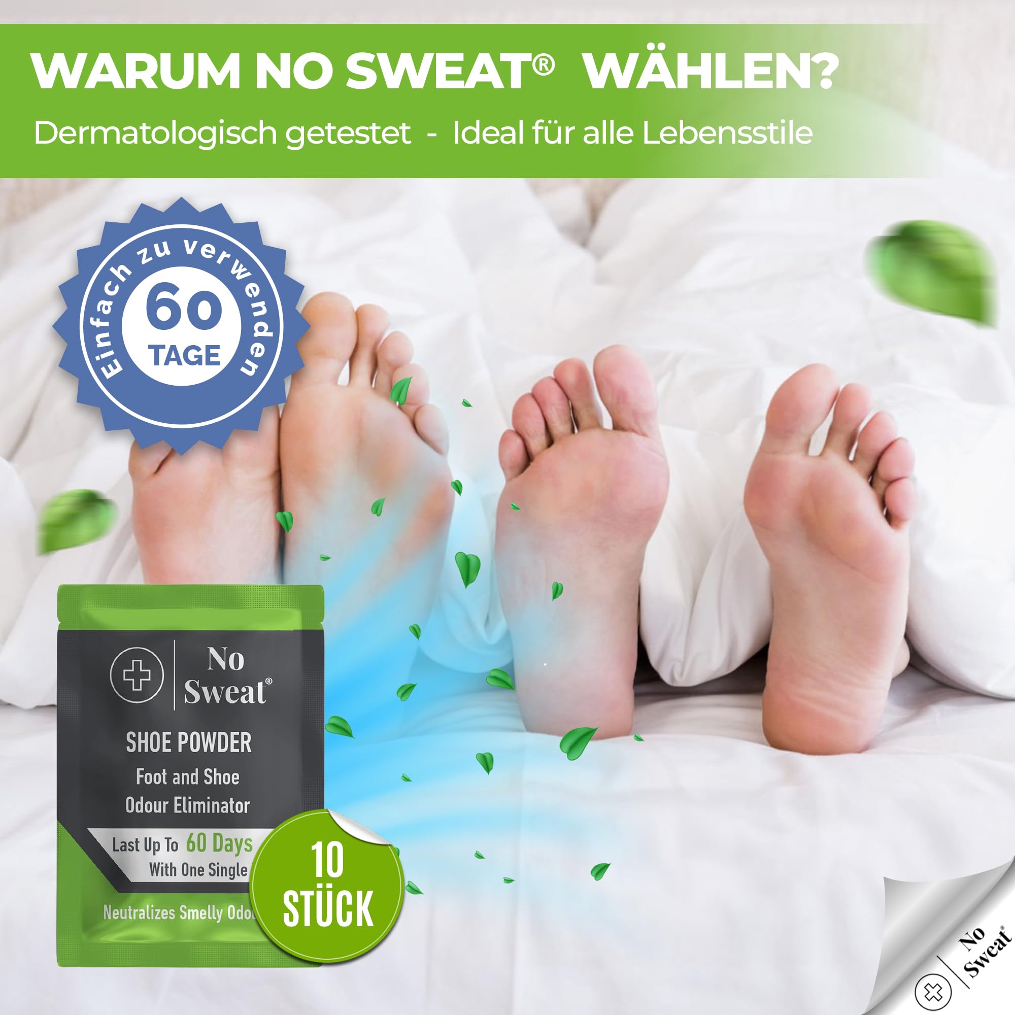 No Sweat Eliminador de olores para zapatos, forma de polvo, 10 unidades, ideal para neutralizar el olor de las botas de fútbol, en práctico set para hasta 60 días de frescura, controla la humedad