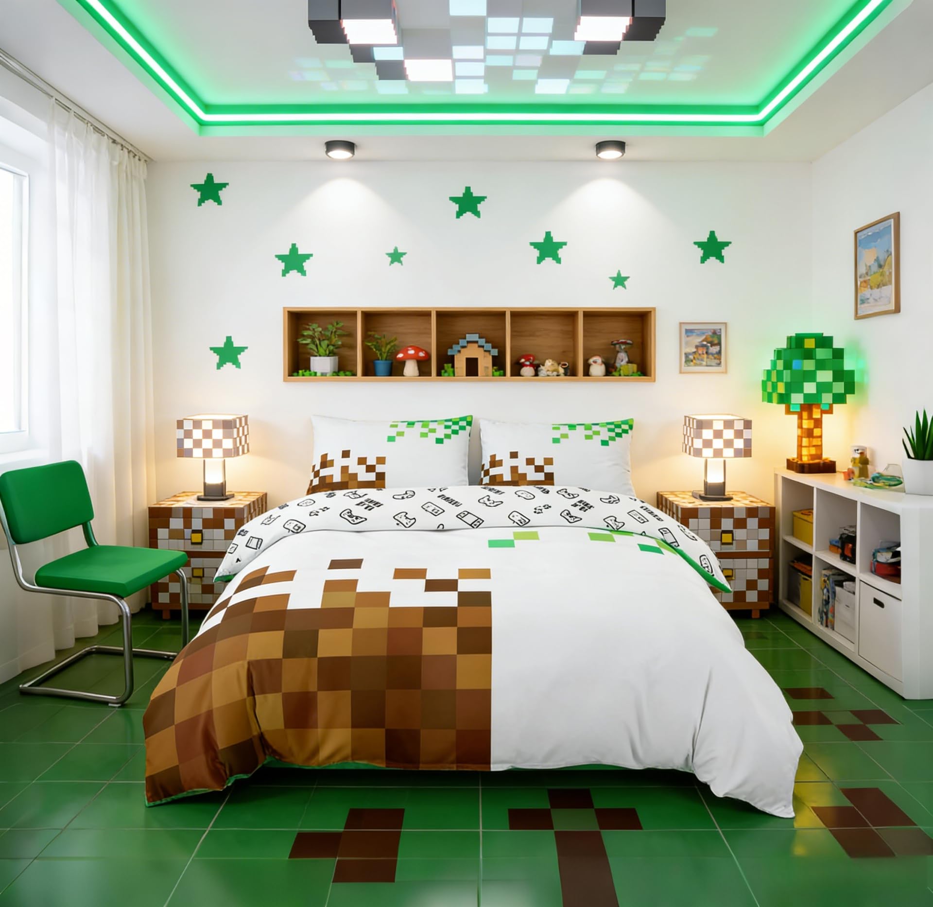 Manfei Pixelated Kids Duvet Cover Set Single Size,Cartoon Gamepad Bedding Set for Boys Girls Room Decor,Miner Style Quilt Covers,Brown Green Comforter Cover,1 Pillowcase,No Filler — image 1