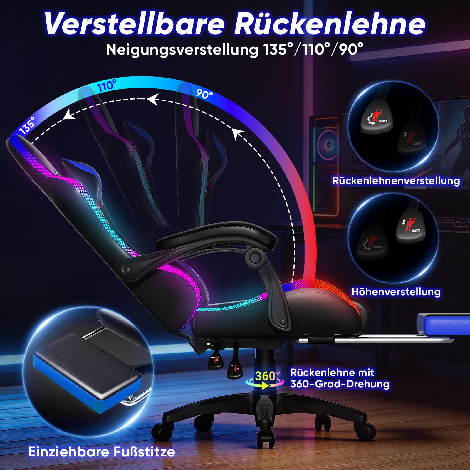 Czlolo Gaming Stuhl, RGB LED-Licht Gaming Sessel mit Fußstützen, Ergonomische Bürostuhl, Gaming PC Chair für Erwachsene und Kinder, Computer Stuhl mit Kopfstütze und Massge, Höhenverstellbar, Blau