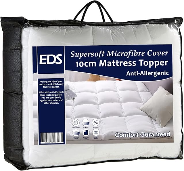 Mattress Topper Protector 4Ft Small Double Size Bed 10cm Thick Hotel Quality Hollow Fibre Filled Box Stitched Quilted Bed Topper Pad with Strong Corner Elastic Straps (4Ft Small Double - 120 x 190 CM)