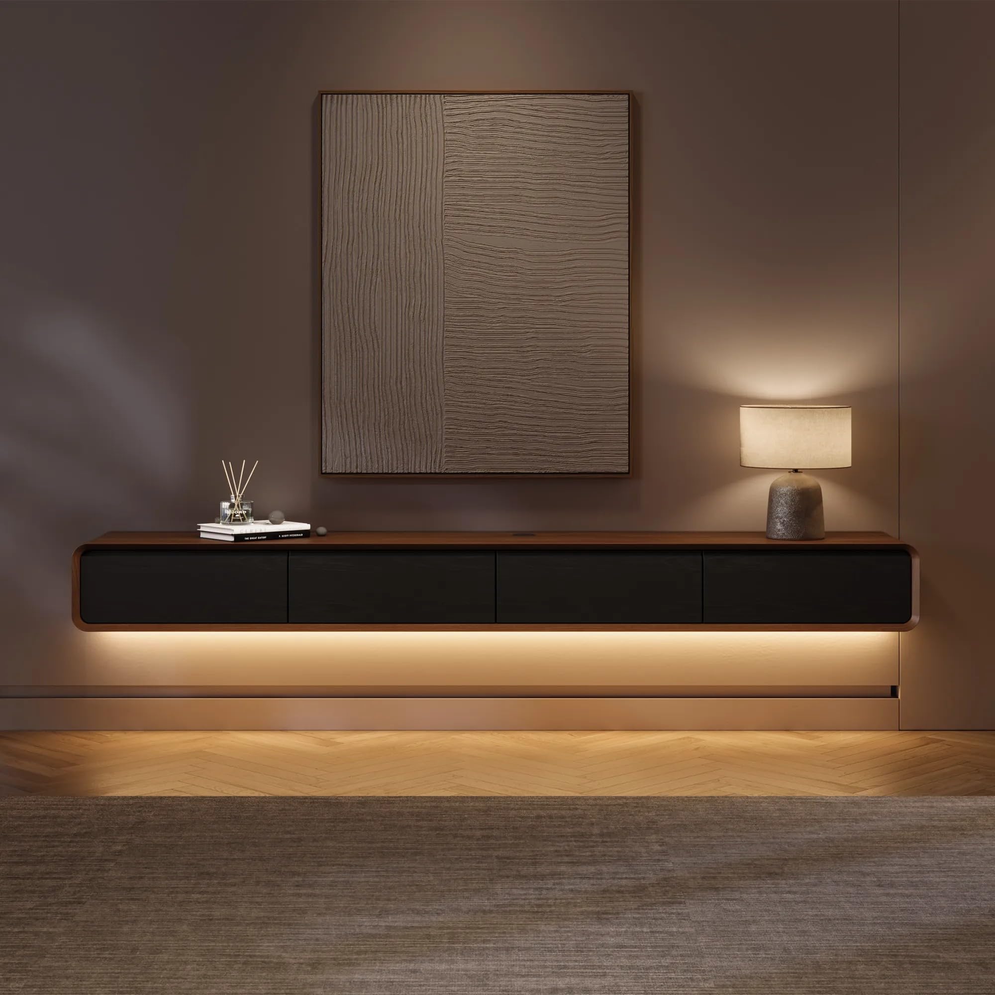 POVISON TV Schrank Schwebend 240cm mit LED Modern Schwarz & Walnussholz
