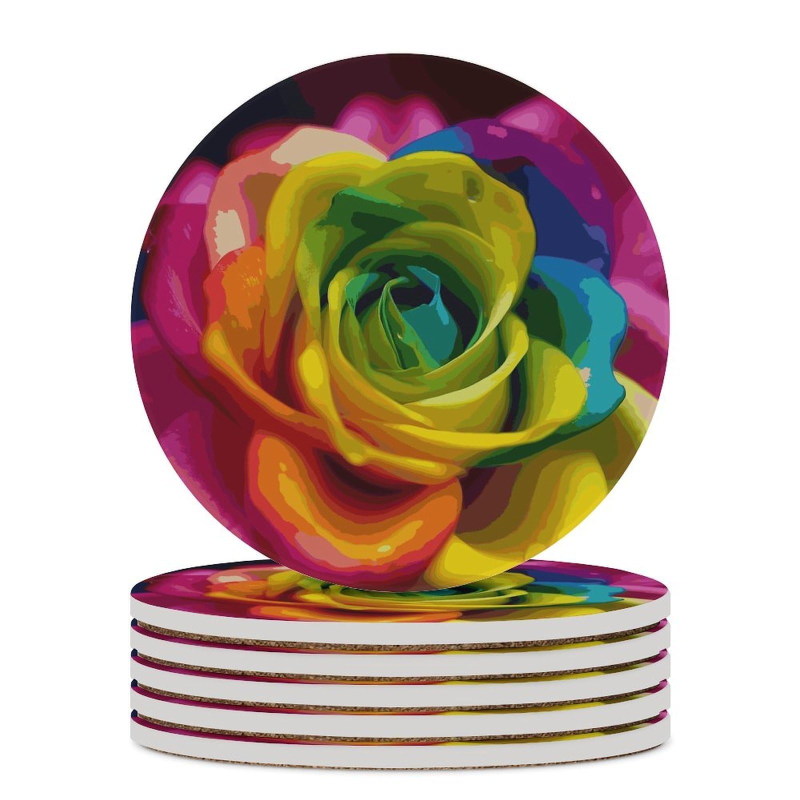 Rainbow Flower Coaster with Cork Base Drink Coasters for Coffee Table Decor Modern Cup Coasters with Non-Slip & Heat-Resistant Cute Ceramic Table Coaster for Home Dining