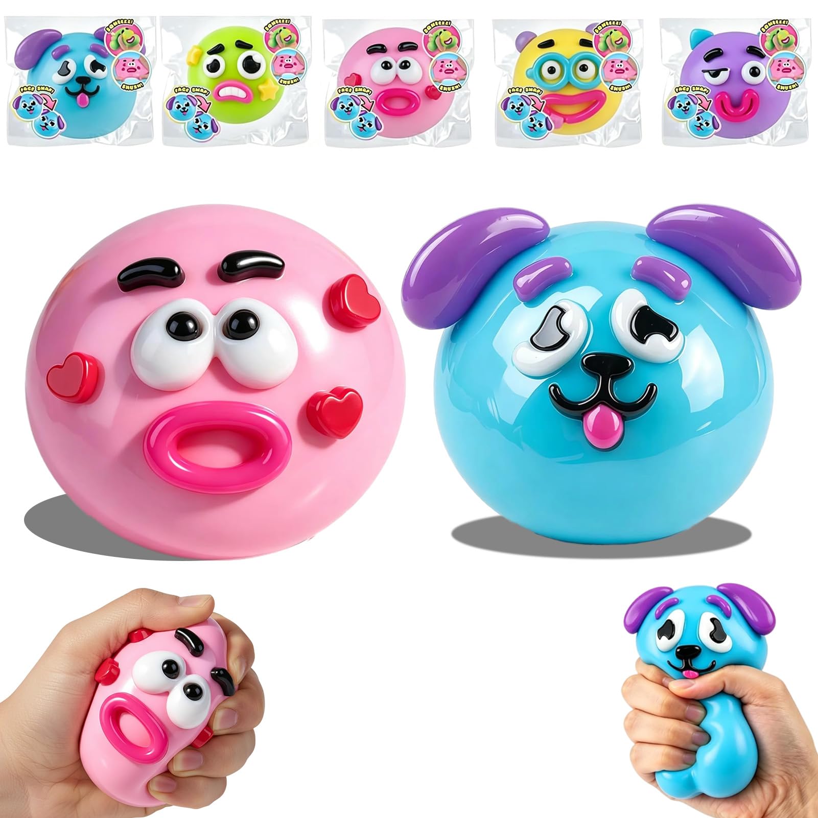 Amycute Smushers Squishy Stress Relief Squeeze Balls, Cute Animal Funny Face Fidget Toys, Soft TPR Anxiety Relief Toys for Kids & Adults, Sensory Toys for Party Favors Classroom Rewards(Blue+Pink)