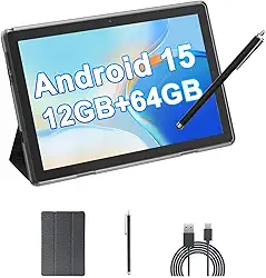Tablet Android 15 de 10 polegadas, 12 (4 + 8 expansões) GB de RAM + 64 GB de ROM, câmera dupla de 2 + 8 MP, bateria de 6000 mAh (tablet + estojo + caneta) (preto)