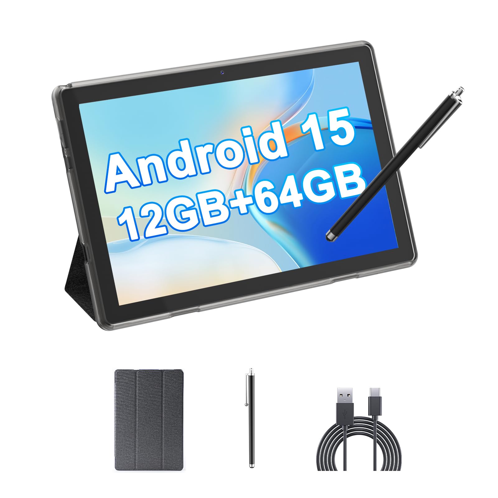HOTTABLET 10" Android 15 Tablet, 12(4+8Expand) GB RAM + 64GB ROM, 2+8MP Dual Camera, 6000mAh Batería (Tablet+Funda+Lápiz Óptico), Negro