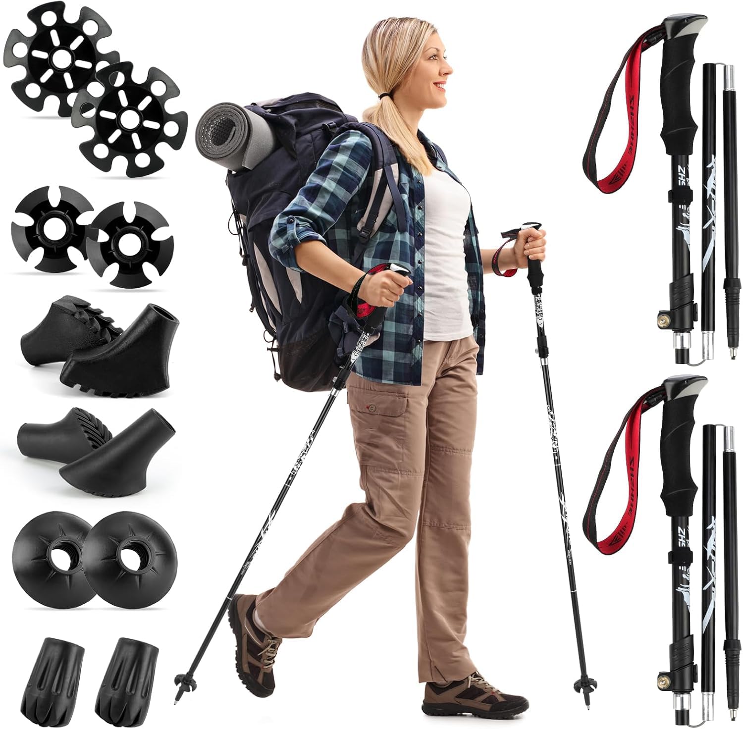Wanderstöcke Faltbar 110 CM-130 cm, Bluefire Nordic Walking Stöcke für Damen und Herren, 7075 Aluminium Wanderstöcke, Mit 6 Paar Gummipuffern mit unterschiedlichen Funktionen