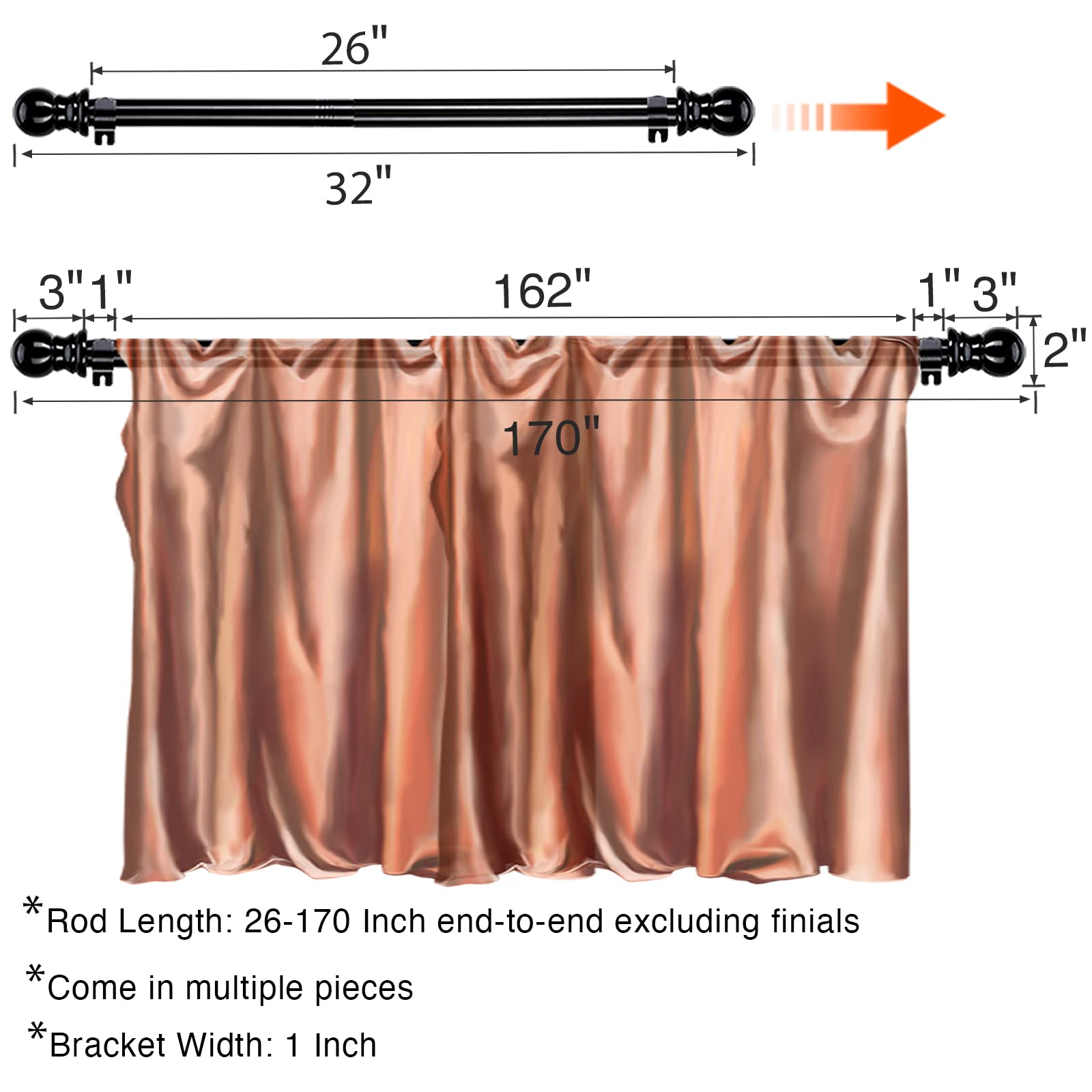 Tringle Rideaux Extra Longue 3-4,3m - Dorée, Métal, Support 15,9kg, Réglable