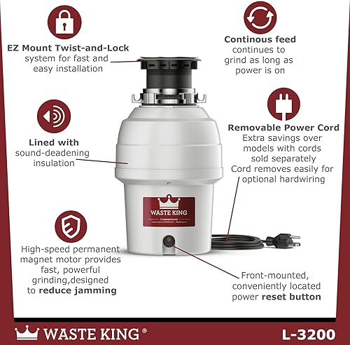 Vista 3 de Waste King Triturador de basura para fregadero de cocina con cable de alimentación, eliminador de residuos de alimentos, L-3200