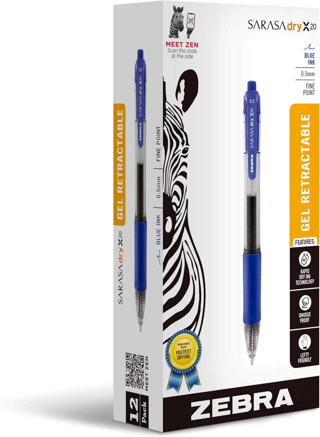 Zebra Pen Sarasa Dry X20 Retractable Gel Pens, 0.7mm Medium Point, Black Ink with Rapid Fast Dry Ink Technology, Ideal for the Left Handed, Elimates Smudging and Smearing in Seconds, 36-Pack (46136)