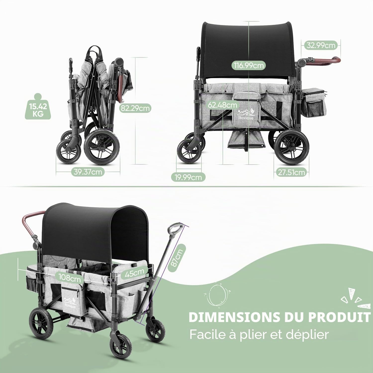 Chariot pliable avec toit, chariot de qualité supérieure pour 2 enfants, poussette double avec toit, plateau à collations, ceinture à 5 points, roues en polyuréthane pour tout-terrain, chariot de