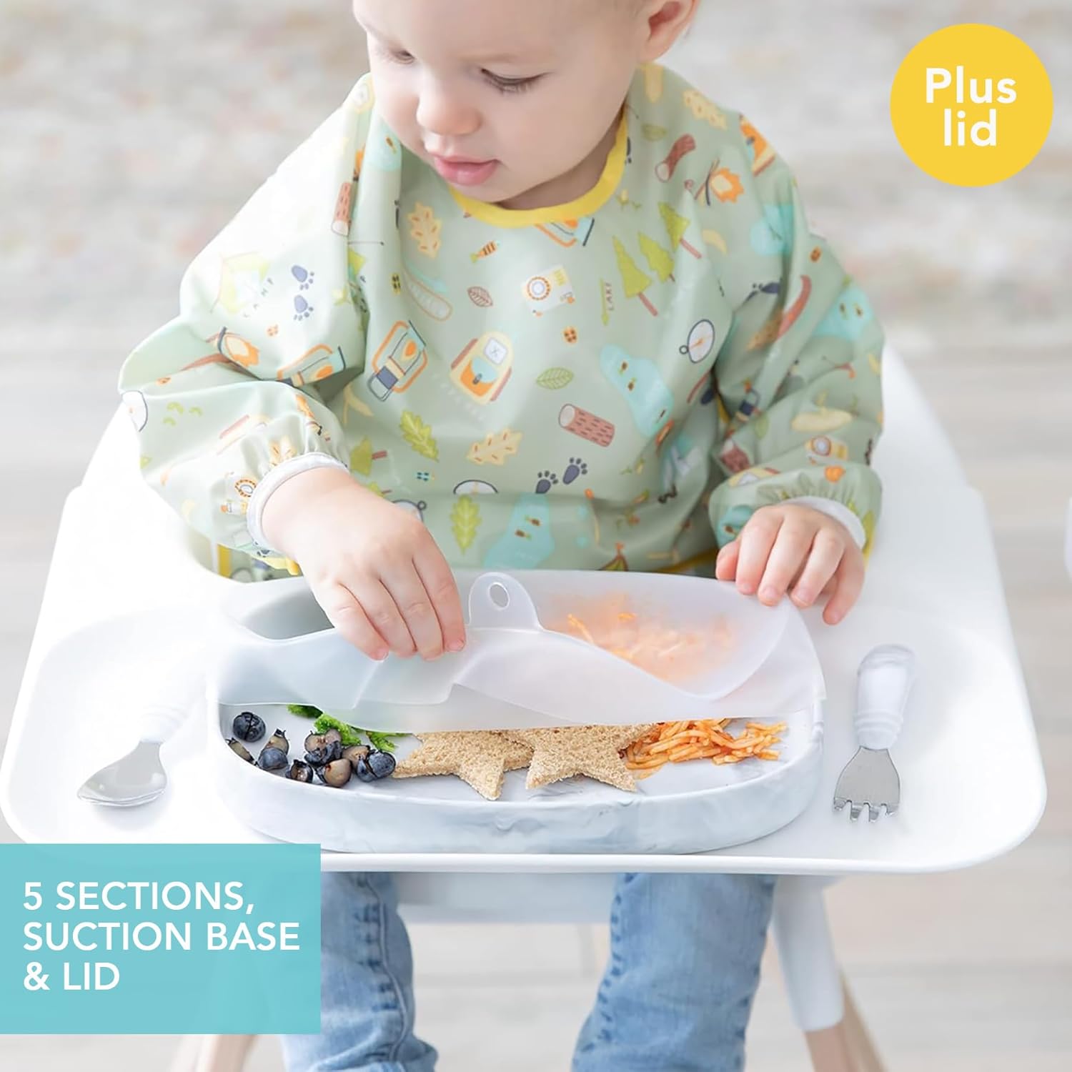 Bumkins Toddler and Baby Suction Plate, Silicone Divided Grip Dish and Lid, Large 5-Section Tray for Kids, Essentials in Children Feeding Supplies, Non Skid Stick Bottom, for Ages 6 Months Up, Marble