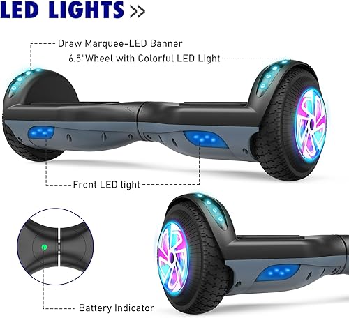 Miniatura 2 de UNI-SUN Hoverboard de 6.5 pulgadas para niños, aeropatineta autoequilibrante con luces LED para adultos y niños (negro gris sin Bluetooth)