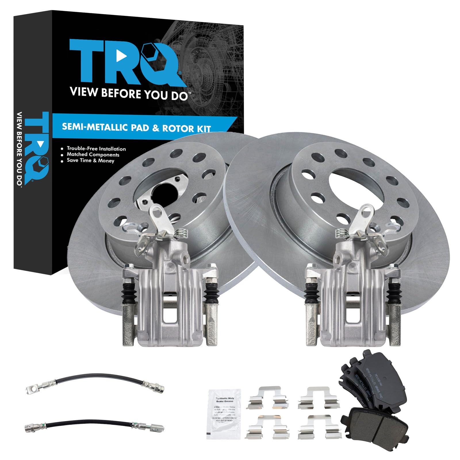 TRQ Rear Brake Pad and Rotor Set Semi Metallic Rotors Calipers Compatible with 2010 Audi A3 A3 Quattro Volkswagen Golf Jetta 2011 GTI