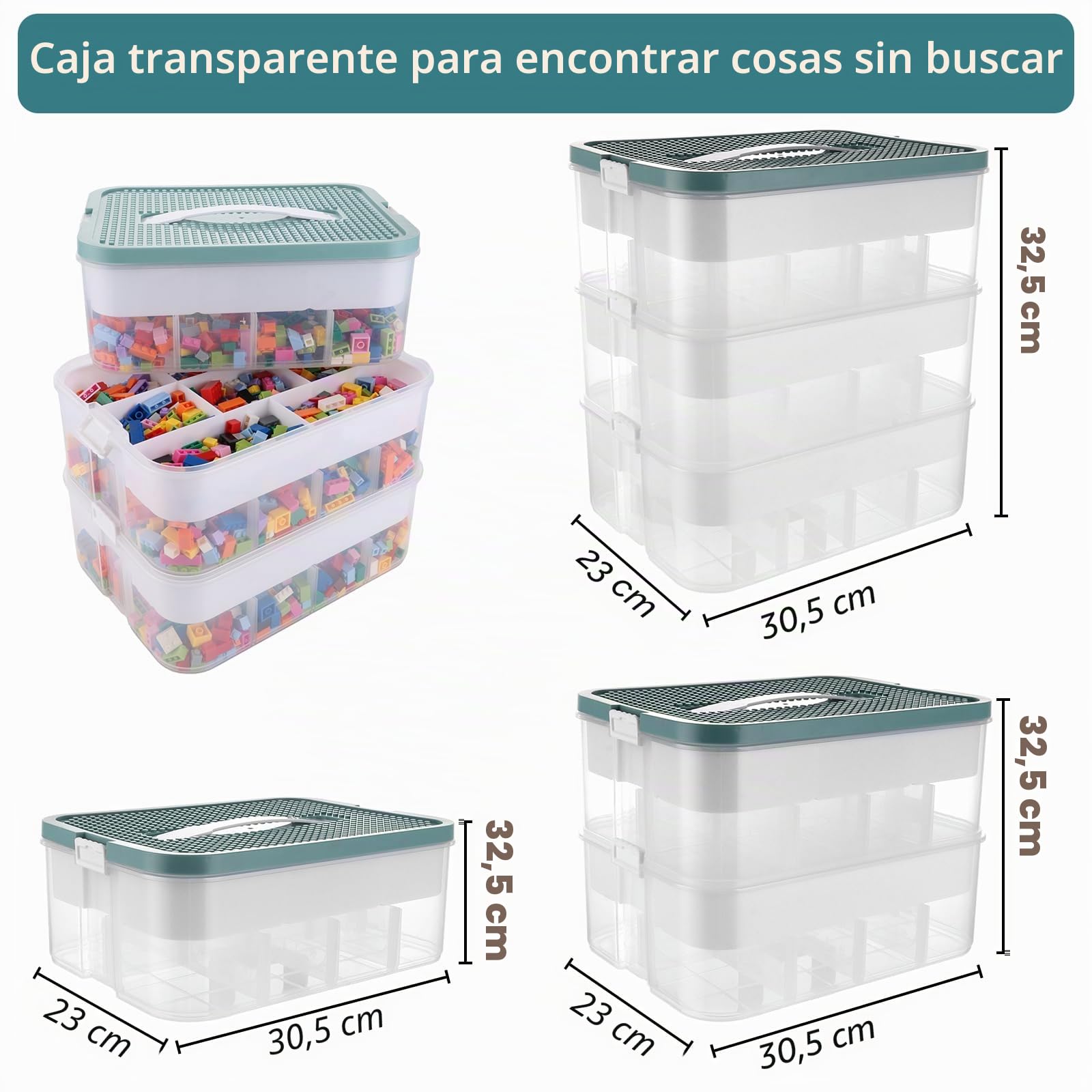 JMIATRY Cajas de almacenamiento transparentes, 3 niveles, para bloques de construcción y rompecabezas, 30,5 x 23 x 32,5 cm