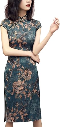 Womens Greenish Blue Traditional Flowers Chinese Dress Lightweight Flowy Unlined