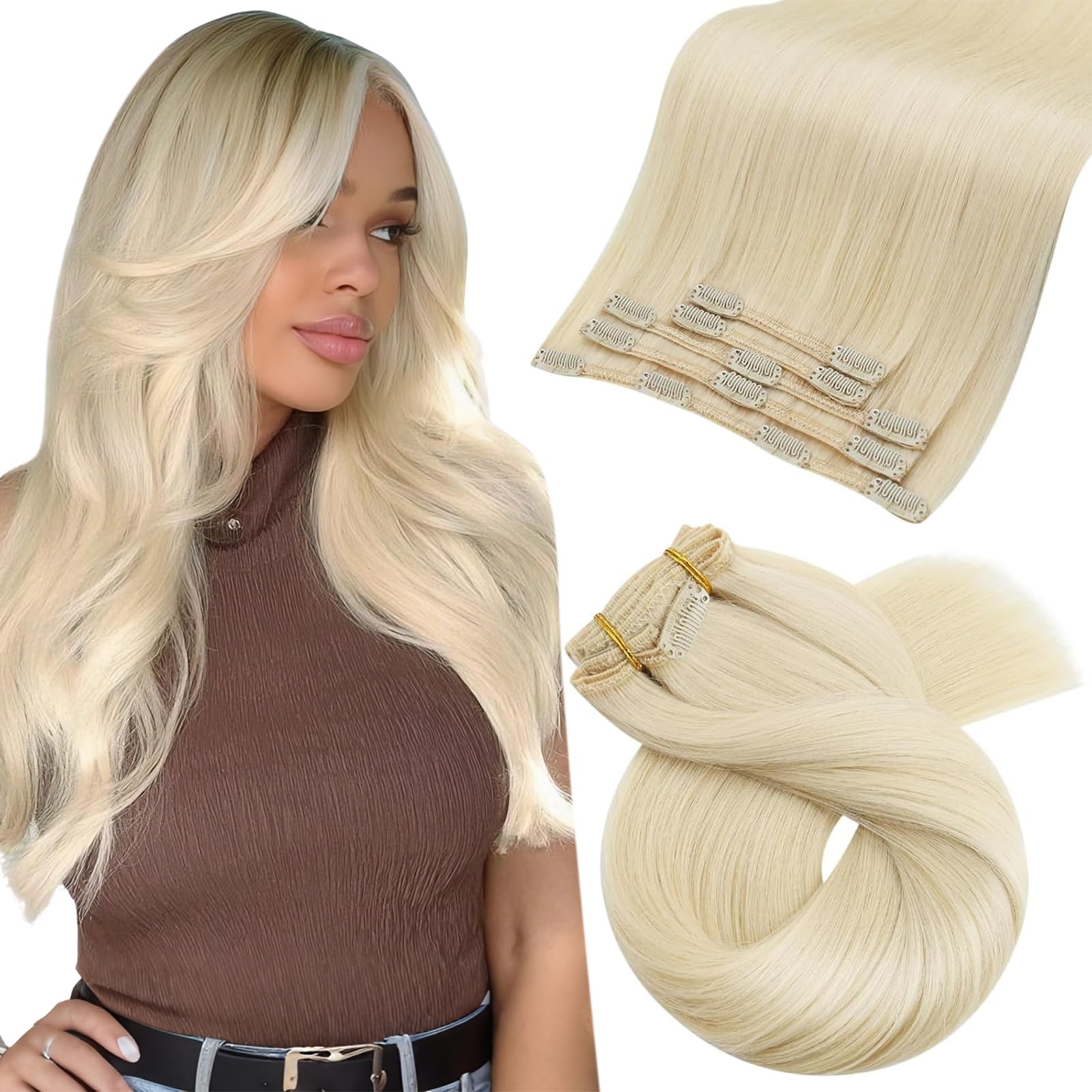 Moresoo Human Hair Extensions Clip in Real Hair Ash Blonde with Bleached Blonde Clip in Hair Extensions Remy Human Mid-length Hair Layered Add Volume 14 Inch 5pcs/80g #P18/613 — view 39