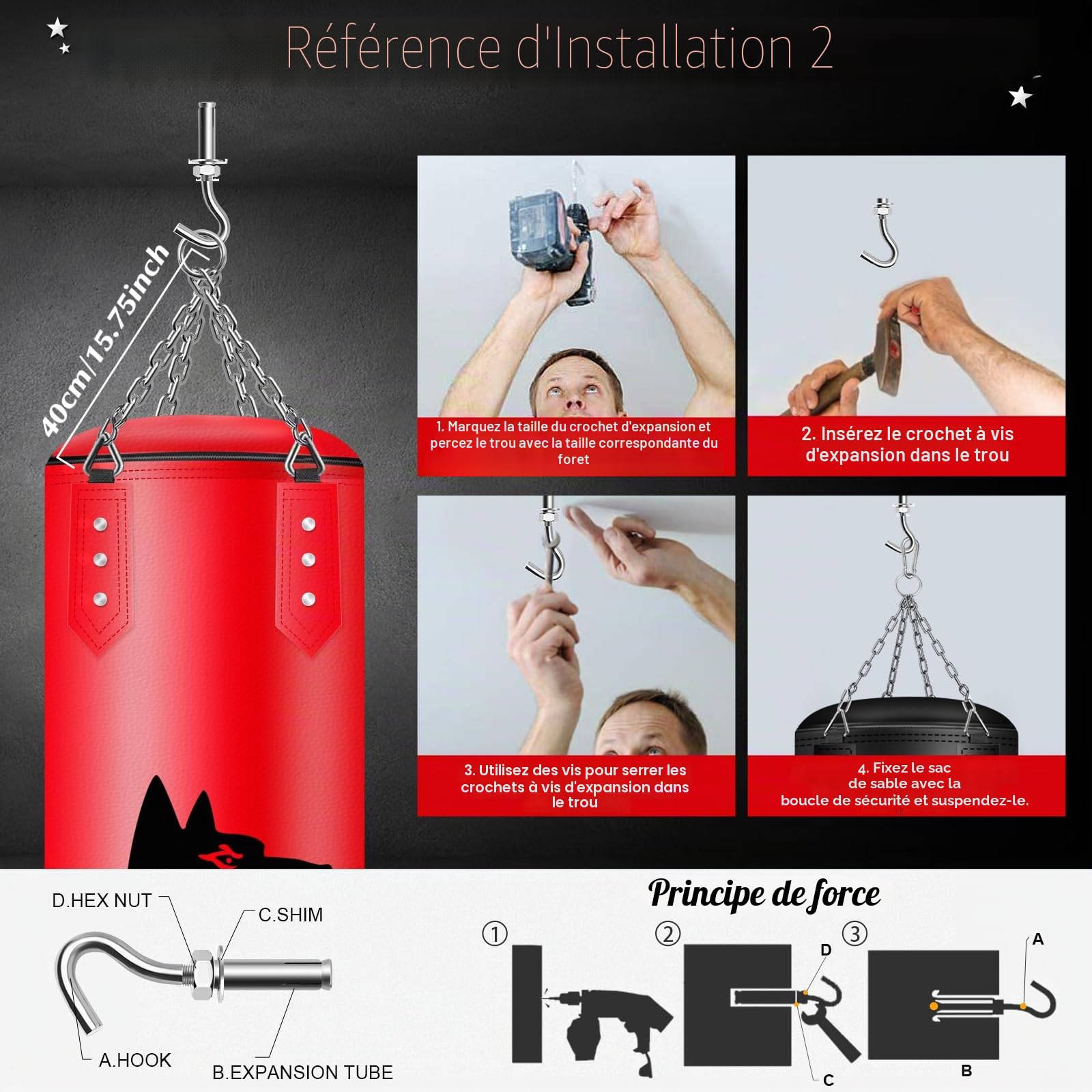 Ensemble Sac de Frappe Suspendu, Sac de Frappe Adulte Non rempli avec Gants de Boxe et Accessoires, Sac Lourd en Cuir Microfibre pour l'entraînement au Kickboxing, Fitness, MMA, Grappling