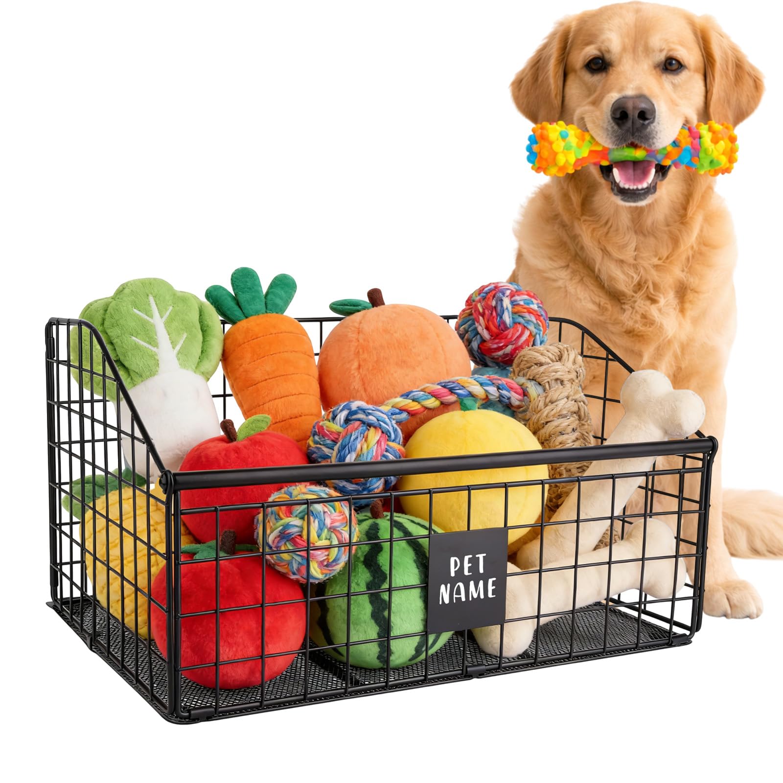 Cesta indestructible para juguetes de perros en metal negro y diseño resistente