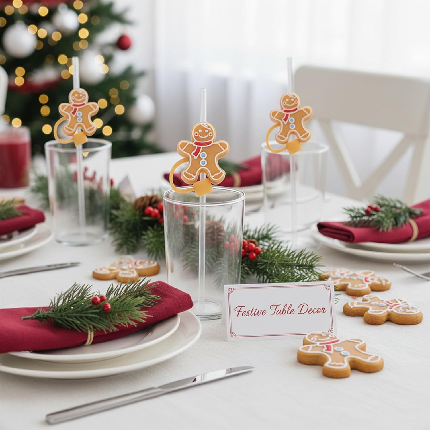 4 Pcs Christmas Gingerbread Man Straw Cover for Stanley Cup, 10mm Reusable Silicone Straw Topper Cap for 40oz 30oz Tumbler, Cute Holiday Dustproof Plug, Xmas Party Gifts