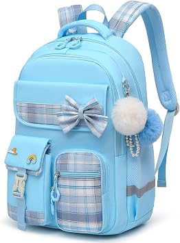Alrisg Girls School Backpack Preppy Plaid Bookbag Lightweight Backpack for Girls Elementary Middle School Bow Blue