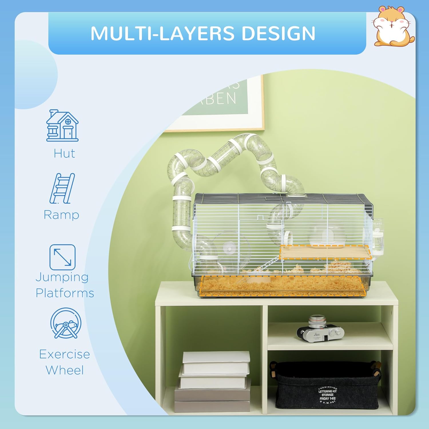 Gray 2-Level Hamster and Gerbil Cage with Tubes and Accessories