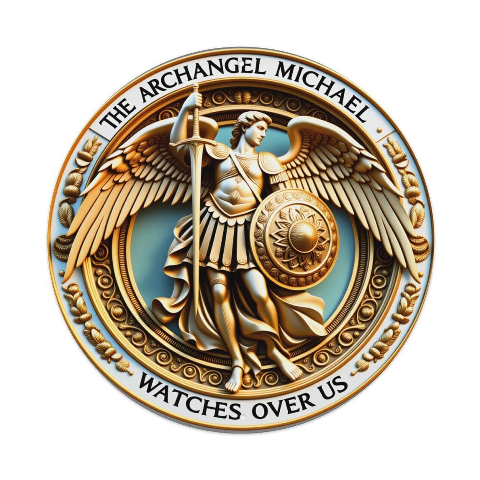 Archangel Michael With Sword And Shield In Golden Relief Metal Tin