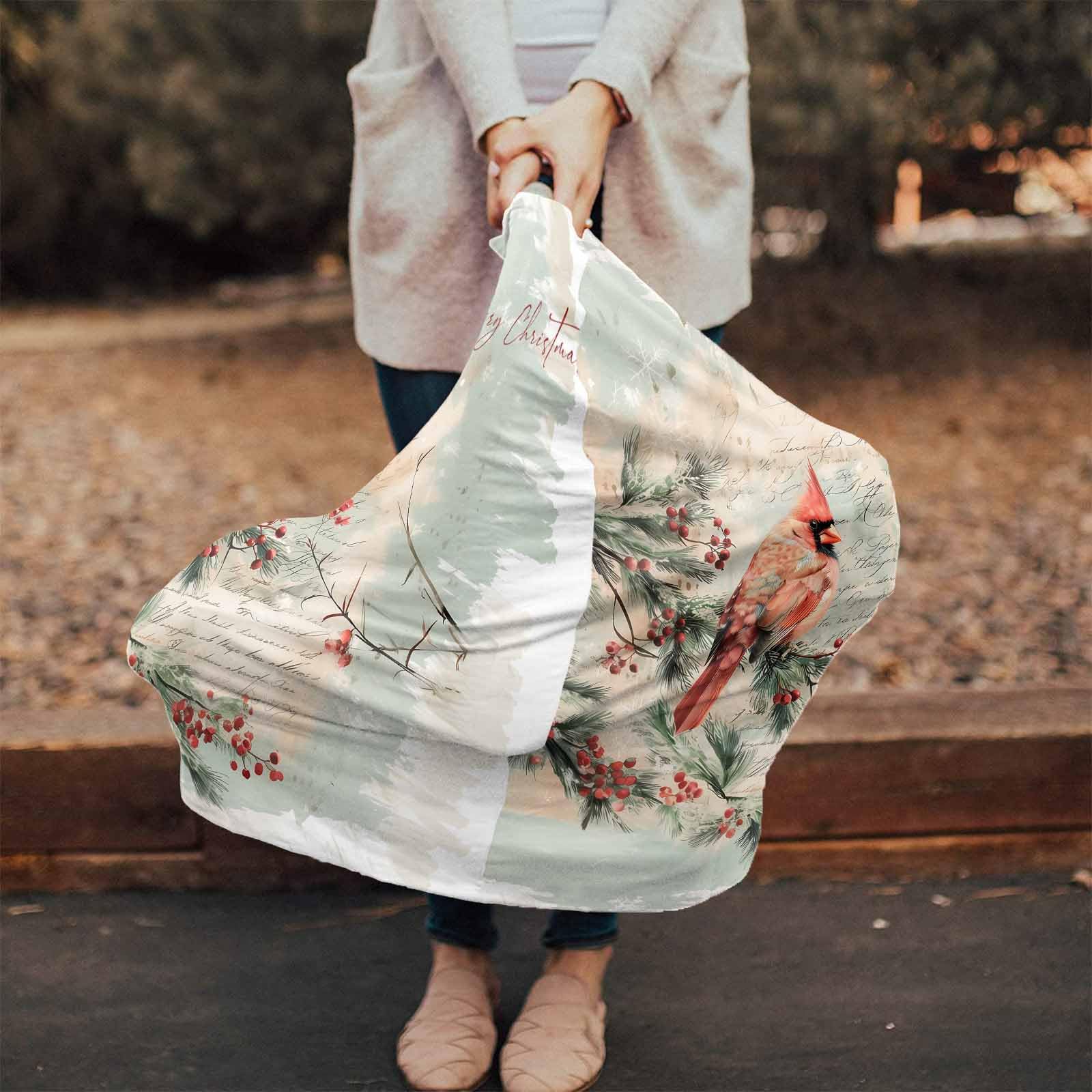 Nursing Cover for Breastfeeding Scarf, Xmas Vintage Letter Pine Needle Berries Cardinal Bird Baby Car Covers Super Soft Multi Use for Canopy Shopping Cart Cover Blanket Stroller Cover