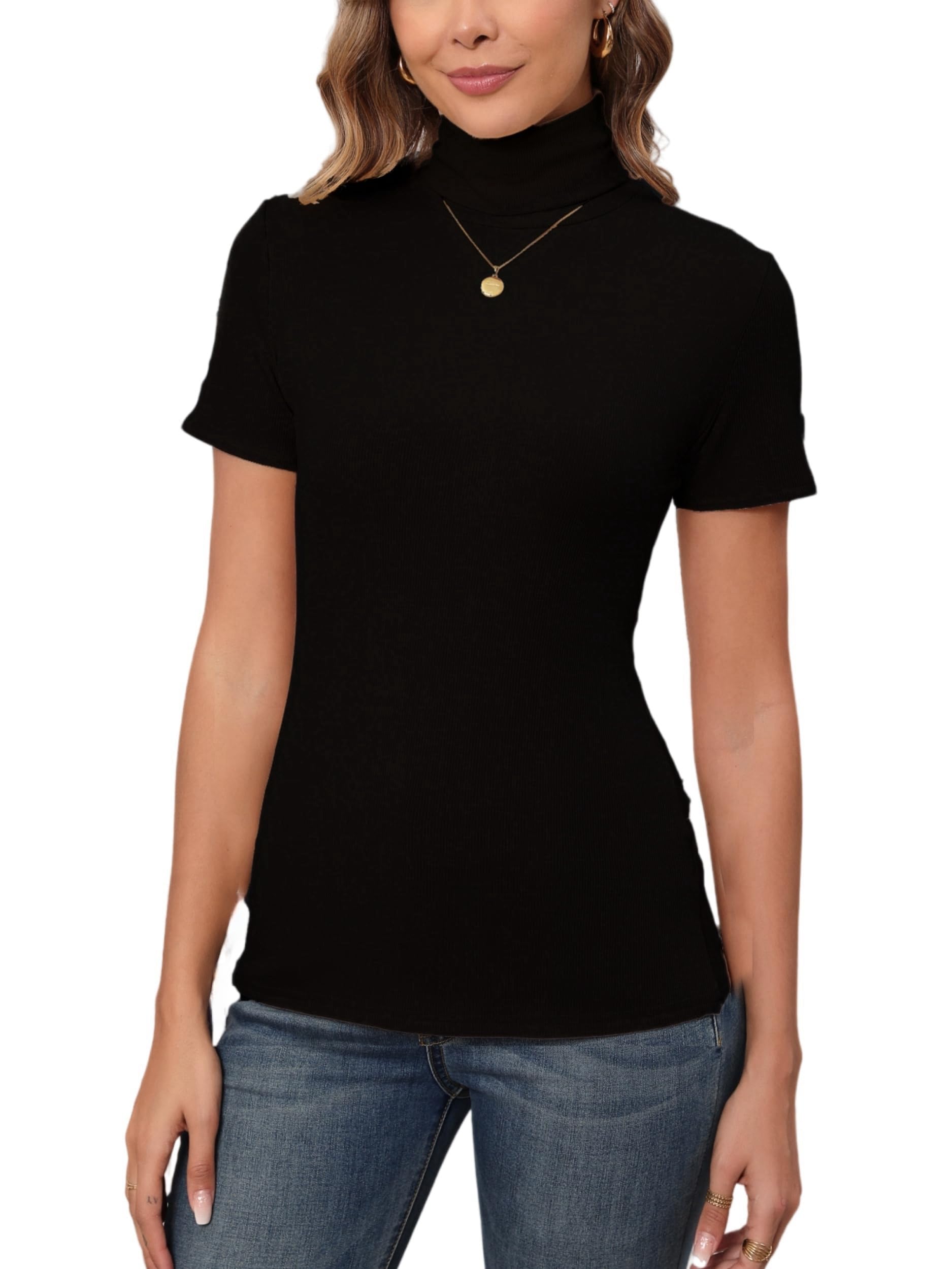 Enjoyoself Damen Rollkragenshirt Elegant Kurzarm Strickpullover Basic Leichtes Rollishirt Unterziehrolli Slim Fit