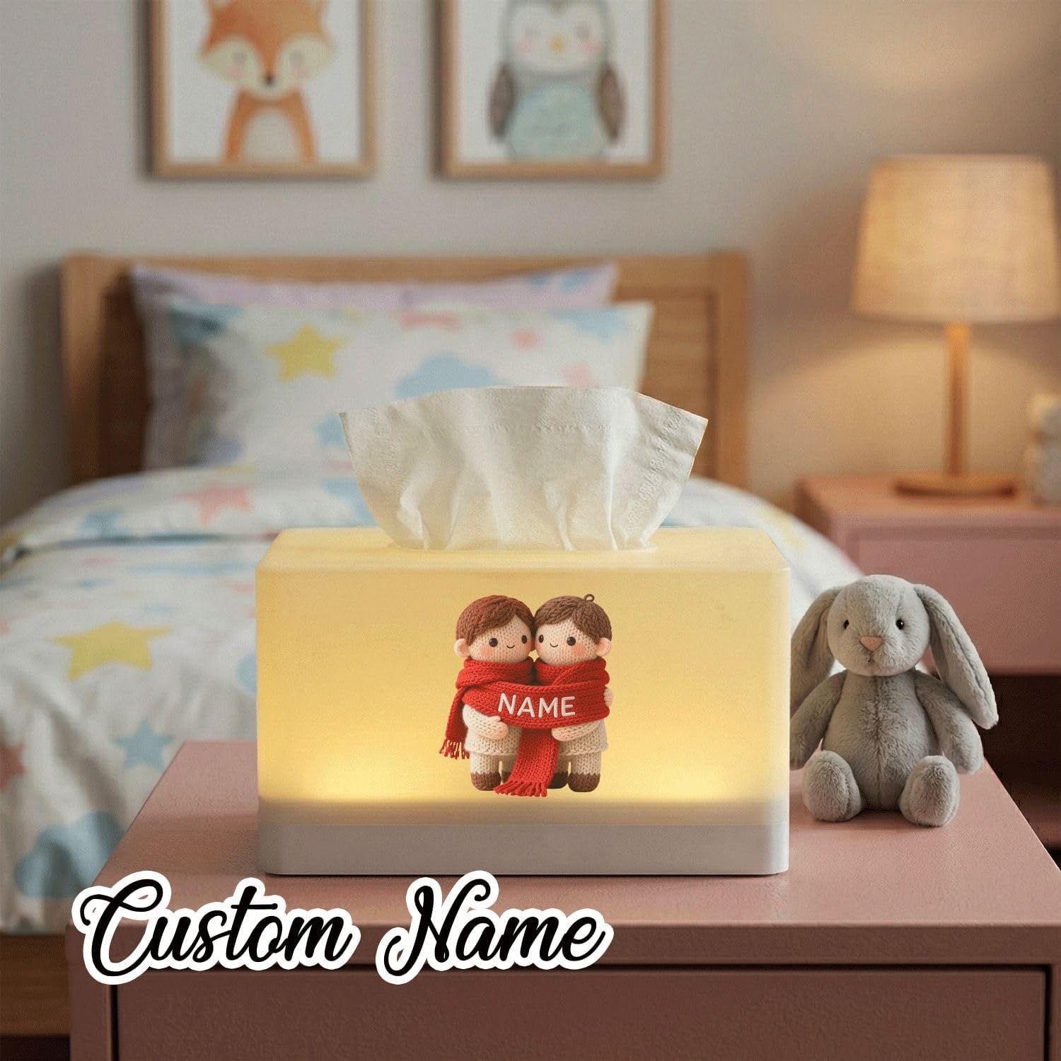 Personalized Tissue Box Cover with Night Light, Customizable Name on Couple Figure, Rechargeable LED Lamp for Bedroom Nightstand Decor image 3