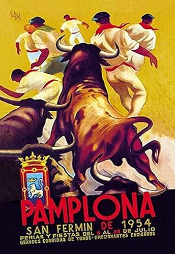 La famosa carrera de toros en Pamplona España se anuncia en este cartel del festival de 1954 que muestra a los toros y los corredores en su