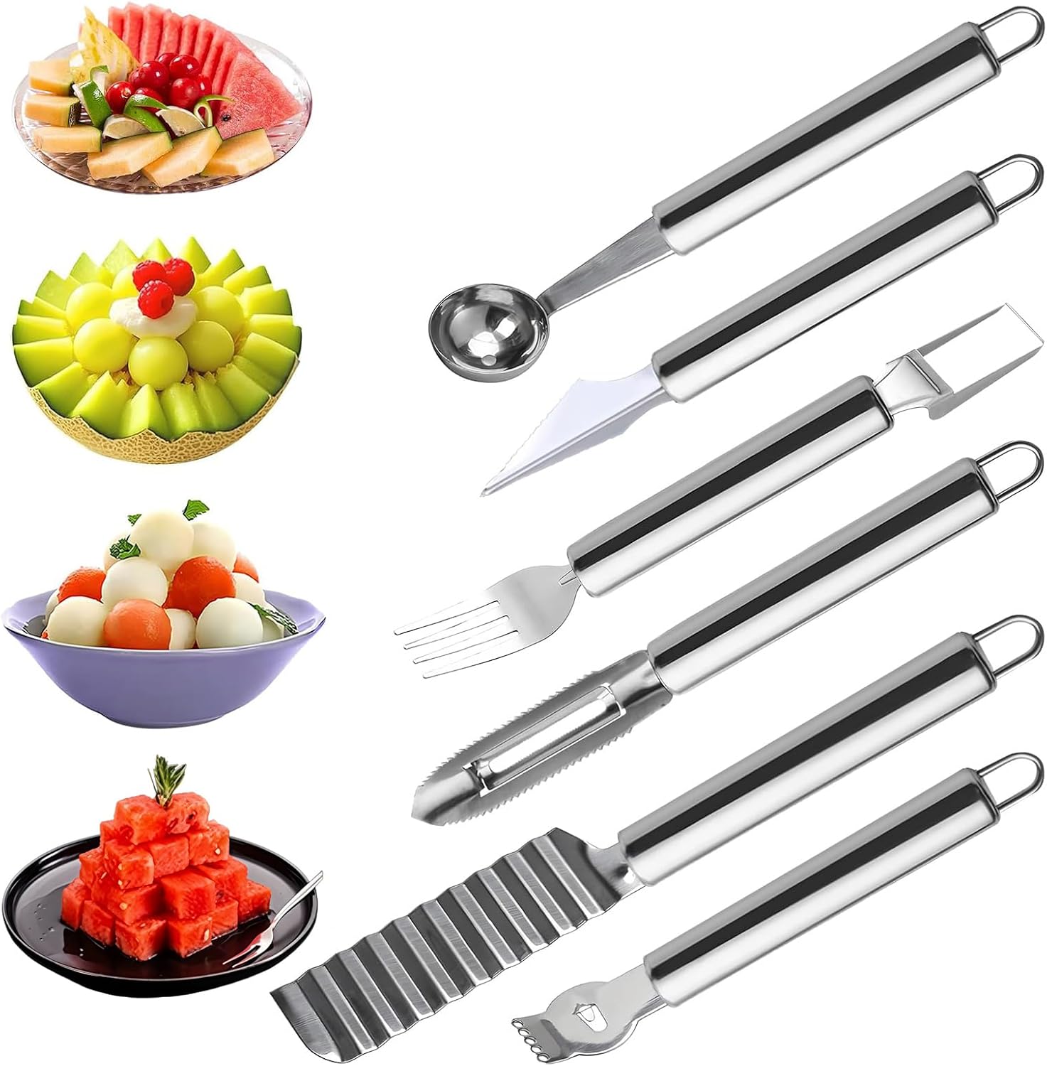 6 Pcs Stainless Steel Fruit Carving Knife Set, Kitchen Fruit Carving Knife, Watermelon and Ice Cream Scoop, 2-in-1 Dig Pulp Separator Fruit Peeling Tool, Crinkle Knife and Lemon Zester Grater