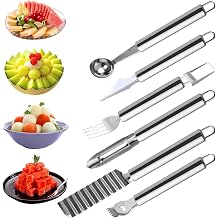 6 Pcs Stainless Steel Fruit Carving Knife Set, Kitchen Fruit Carving Knife, Watermelon and Ice Cream Scoop, 2-in-1 Dig Pulp Separator Fruit Peeling Tool, Crinkle Knife and Lemon Zester Grater
