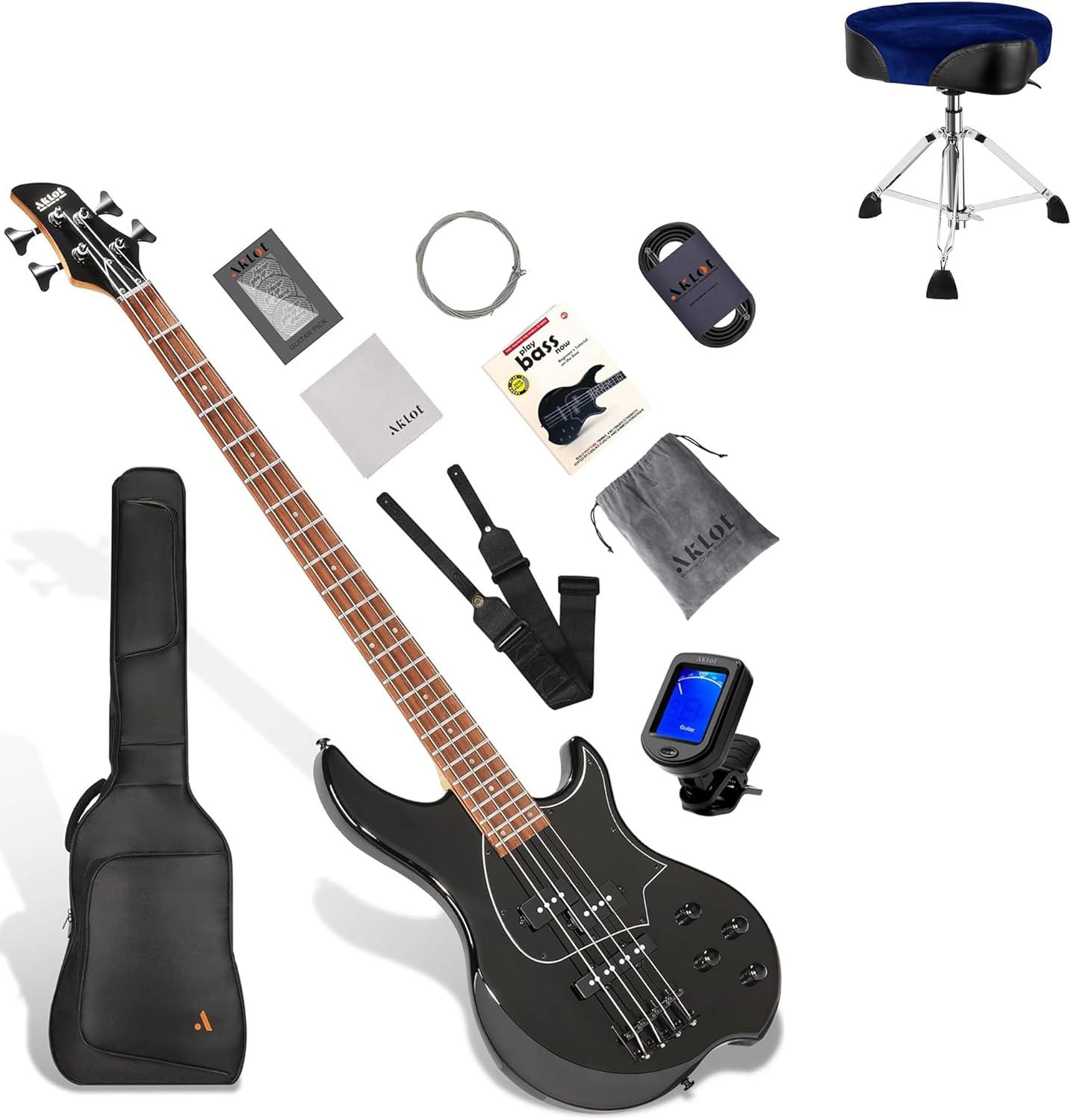 AKLOT Multi-Style Electric Bass Guitar Bundle with Saddle Drum Throne
