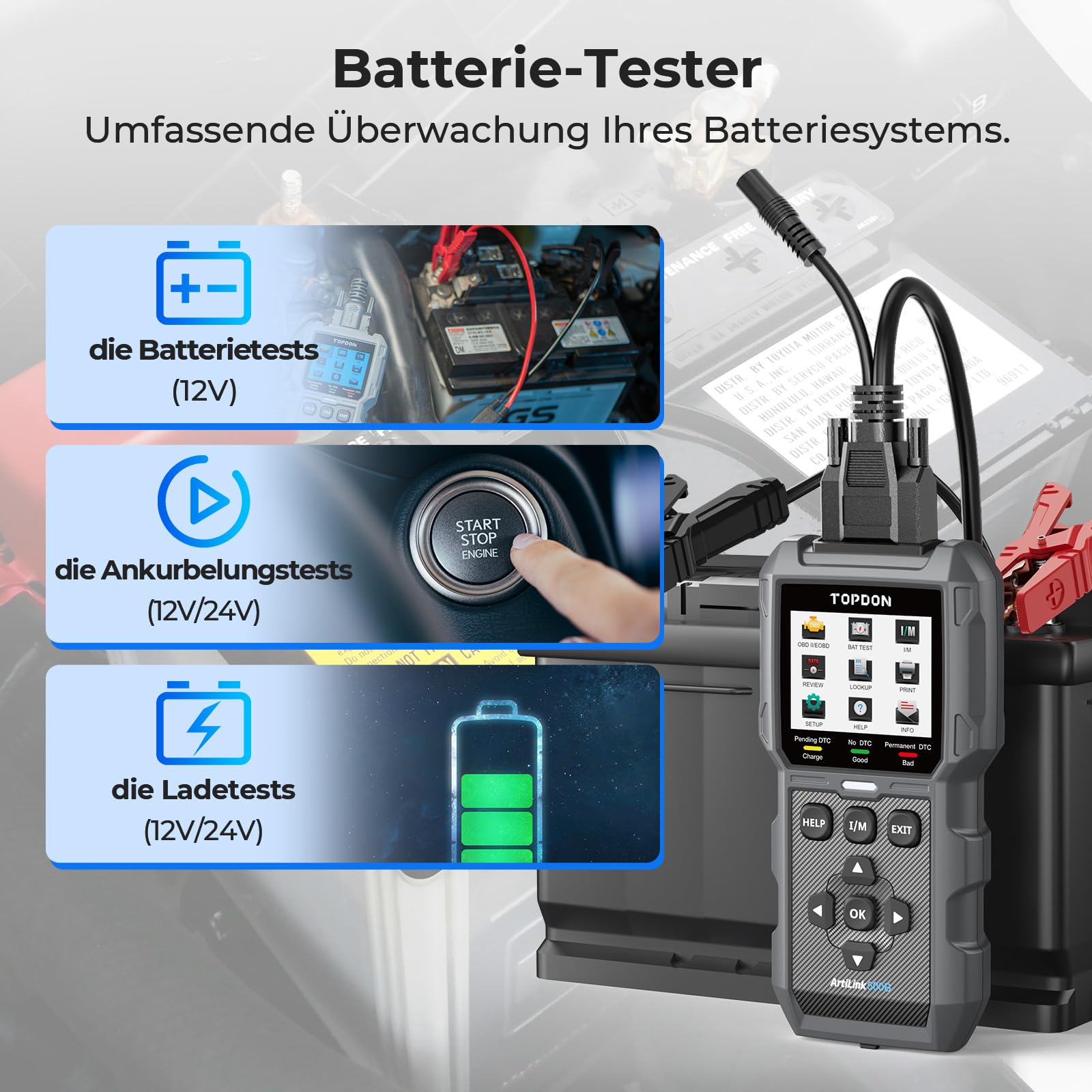 TOPDON ArtiLink500B OBD2 Diagnosegerät Auto und Batterietester 2-in-1, Universal KFZ-Fehlercode-Lesegerät mit Vollen OBD2-Funktionen, Laufen Batterie-Tests, Anlassen Tests, Lade-Tests