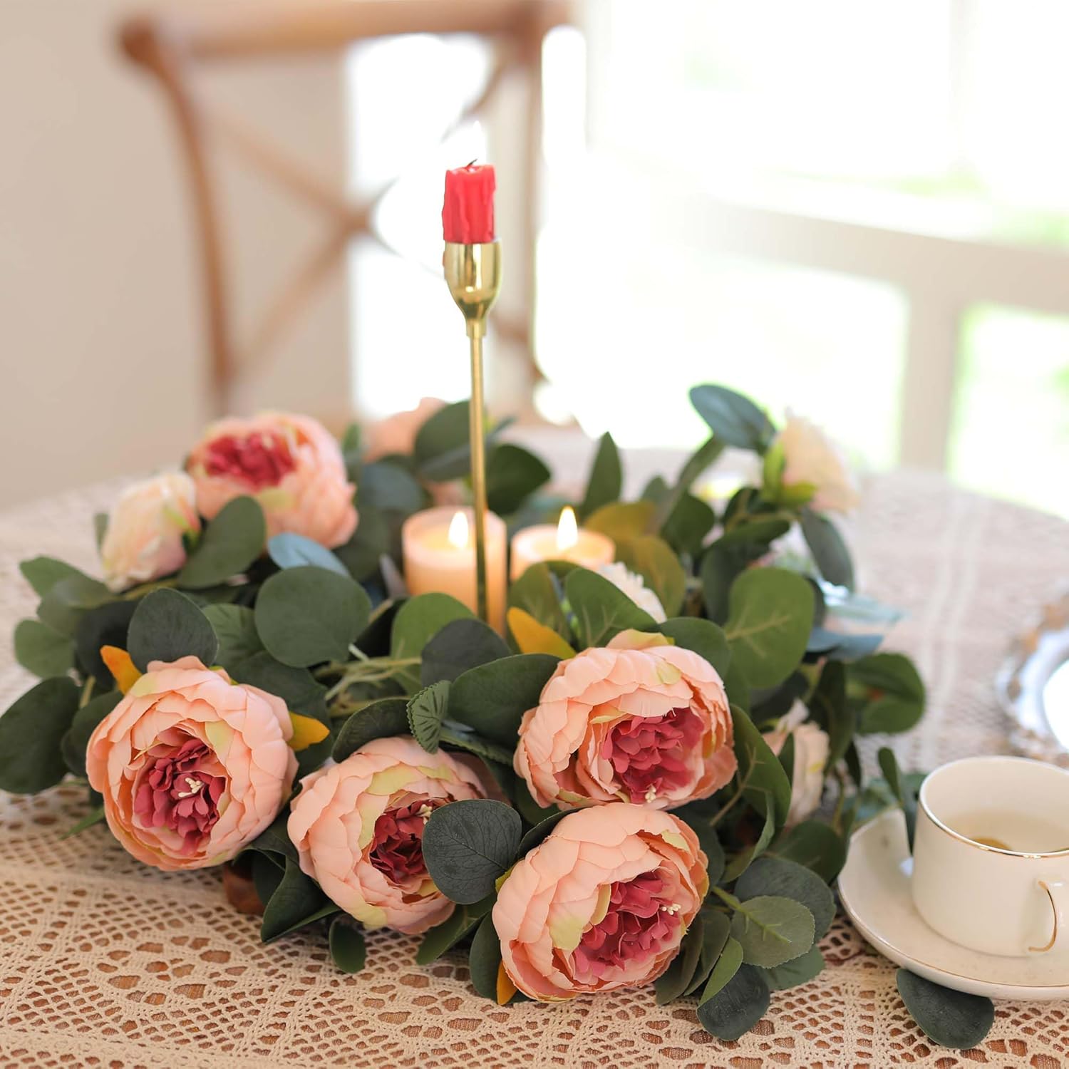 MISSPIN 2pcs Artificial Flowers Garland Spring Eucalyptus Garland Vintage Fake Flower Peony Rose Vine Greenery Decorative Wall Hanging Plant for Wedding Arch Door Arrangement Party Decor - Image 9