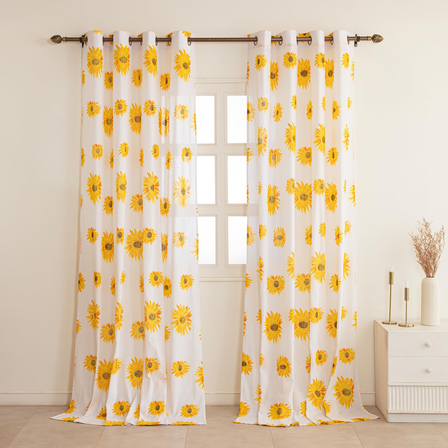 HOMEMONDE Door 7 Feet Grommet Curtains Set Of 2- Cotton Sheer Linen Printed Curtain For Living Room Decoration, White Sun Flower Drapes, 84 Inches