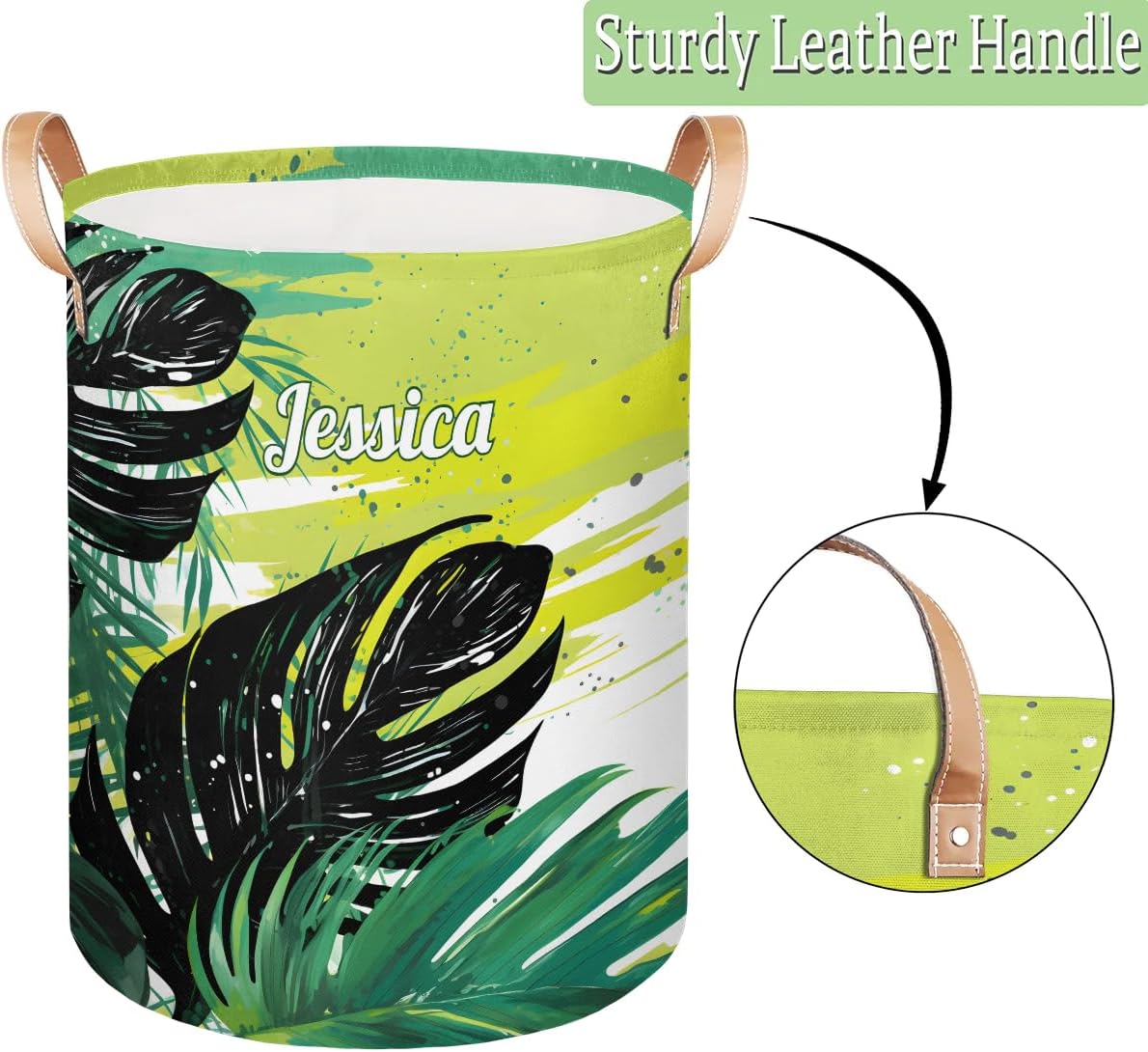 Custom-Laundry-Hamper Toy-Stronge-Basket with-Name Foldable Clothes Storage Basket with-Handle for-Kids-Girls-Boys Tropical Leaves-Laundry-Hamper Green