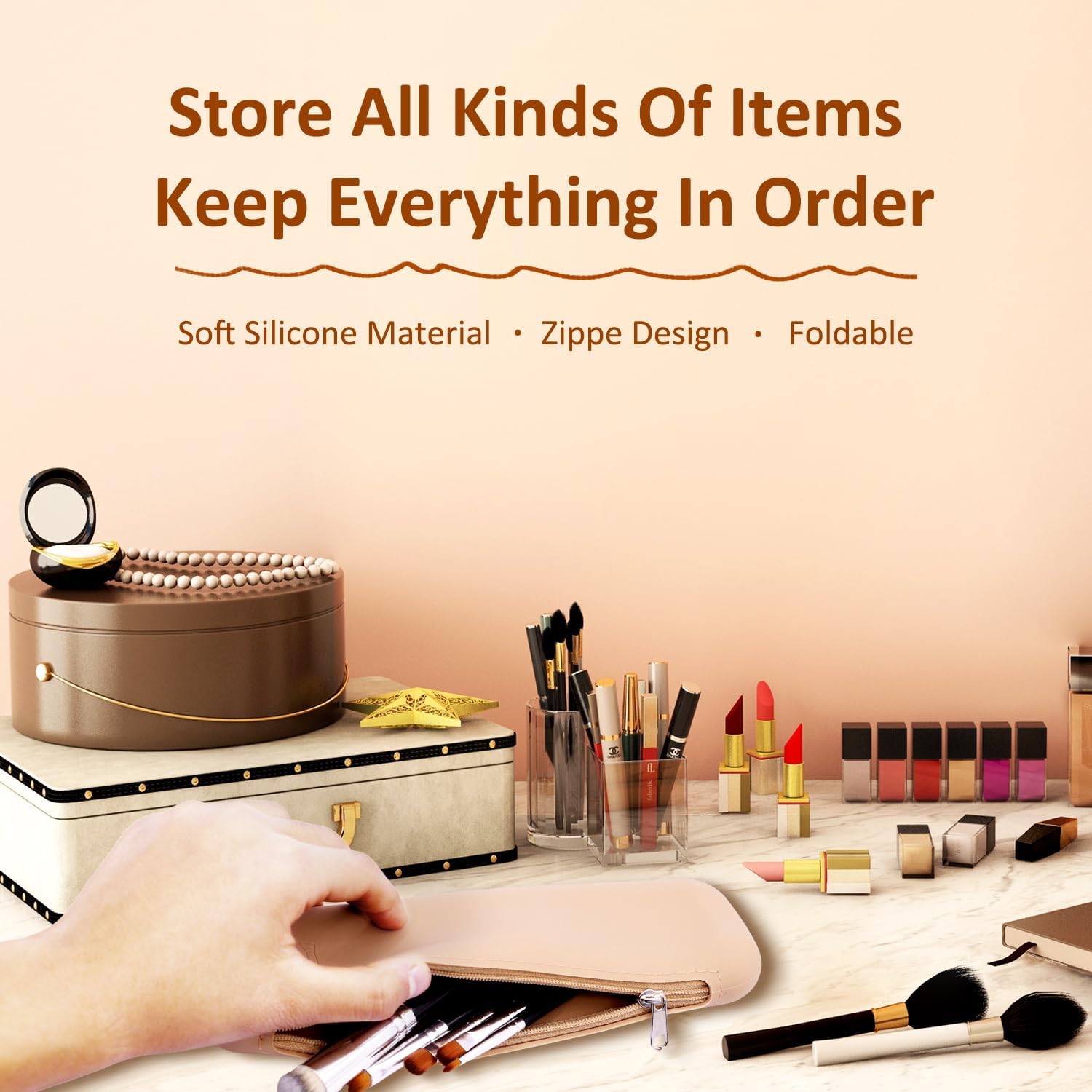 Set of 2 Zipper Makeup Brushes Bag For Travel, Large Silicone Makeup Brush Holder, Washable Make Up Brushes Pouch Case Makeup Tools for Organizing Cosmetics Daily Work - Image 5